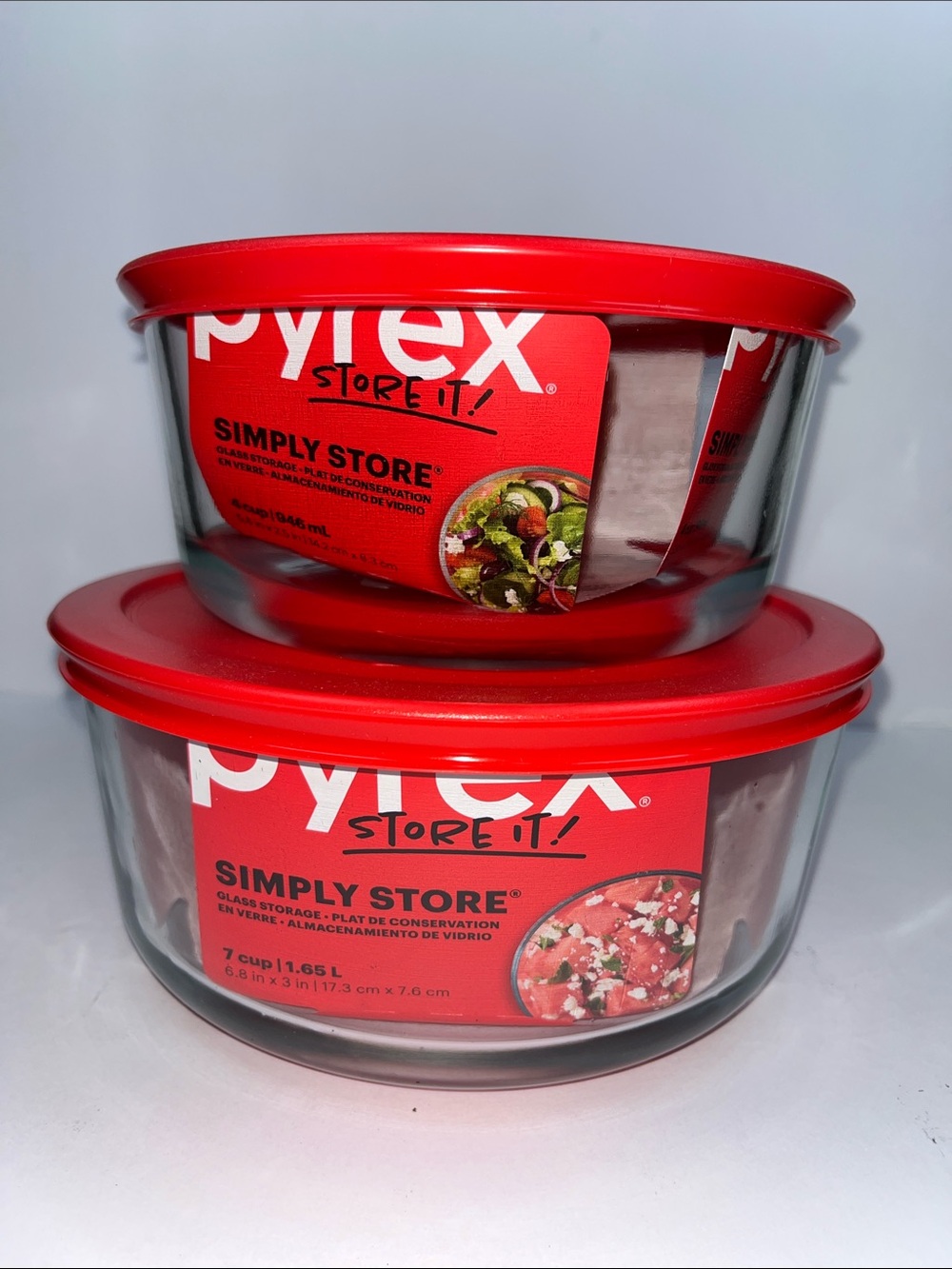 Pyrex Glass Storage Bowls with Red Lids - Set of 2